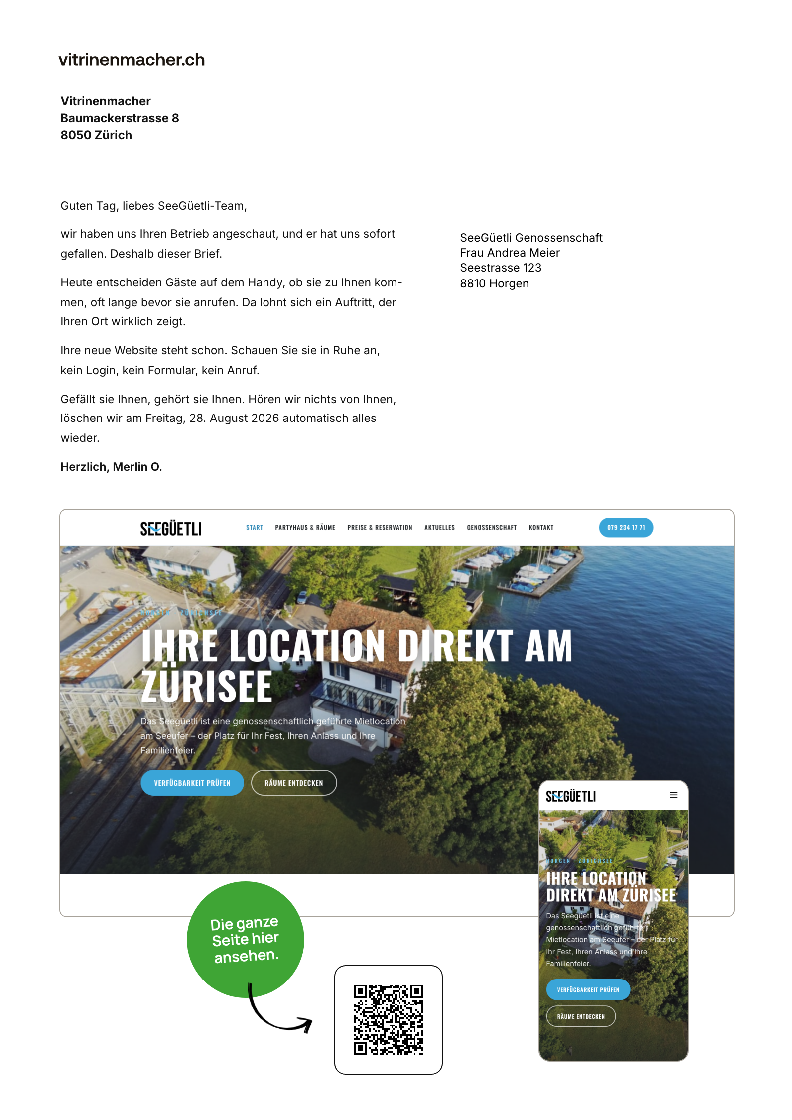 Beispiel des Briefs, den wir verschicken: vorne die persönliche Anrede und der Brieftext, hinten eine Vorschau der fertigen Website samt QR-Code zum Anschauen.